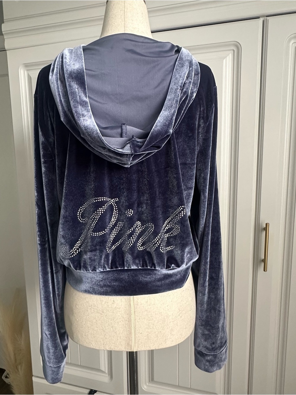 PINK Victoria's Secret Navy Velour Hoodie with Rhinestone Logo